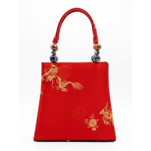 Franchi Silk Brocade Dragon Phoenix Handbag Red Beaded Top Handle Evening Bag